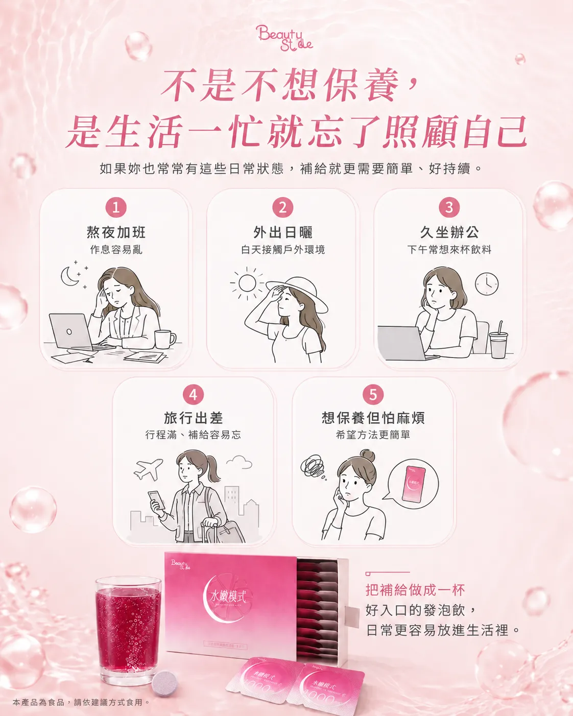 不是不想保養，是生活一忙就忘了照顧自己 - 熬夜加班、外出日曬、久坐辦公、旅行出差、想保養但怕麻煩
