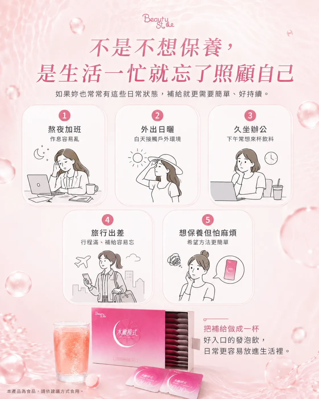不是不想保養，是生活一忙就忘了照顧自己 - 熬夜加班、外出日曬、久坐辦公、旅行出差、想保養但怕麻煩